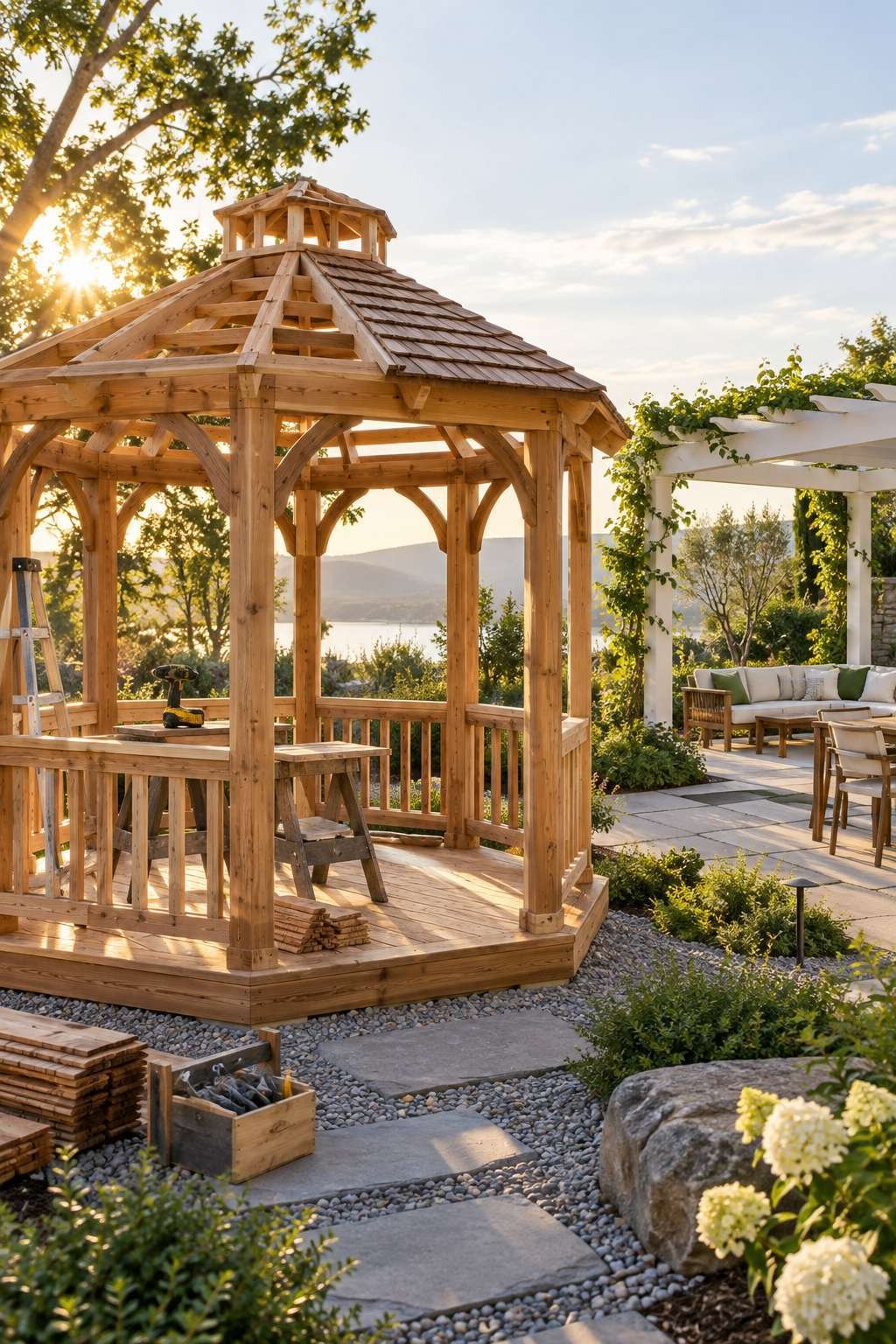 Cedar wood gazebo frame highlighting natural wood materials and construction