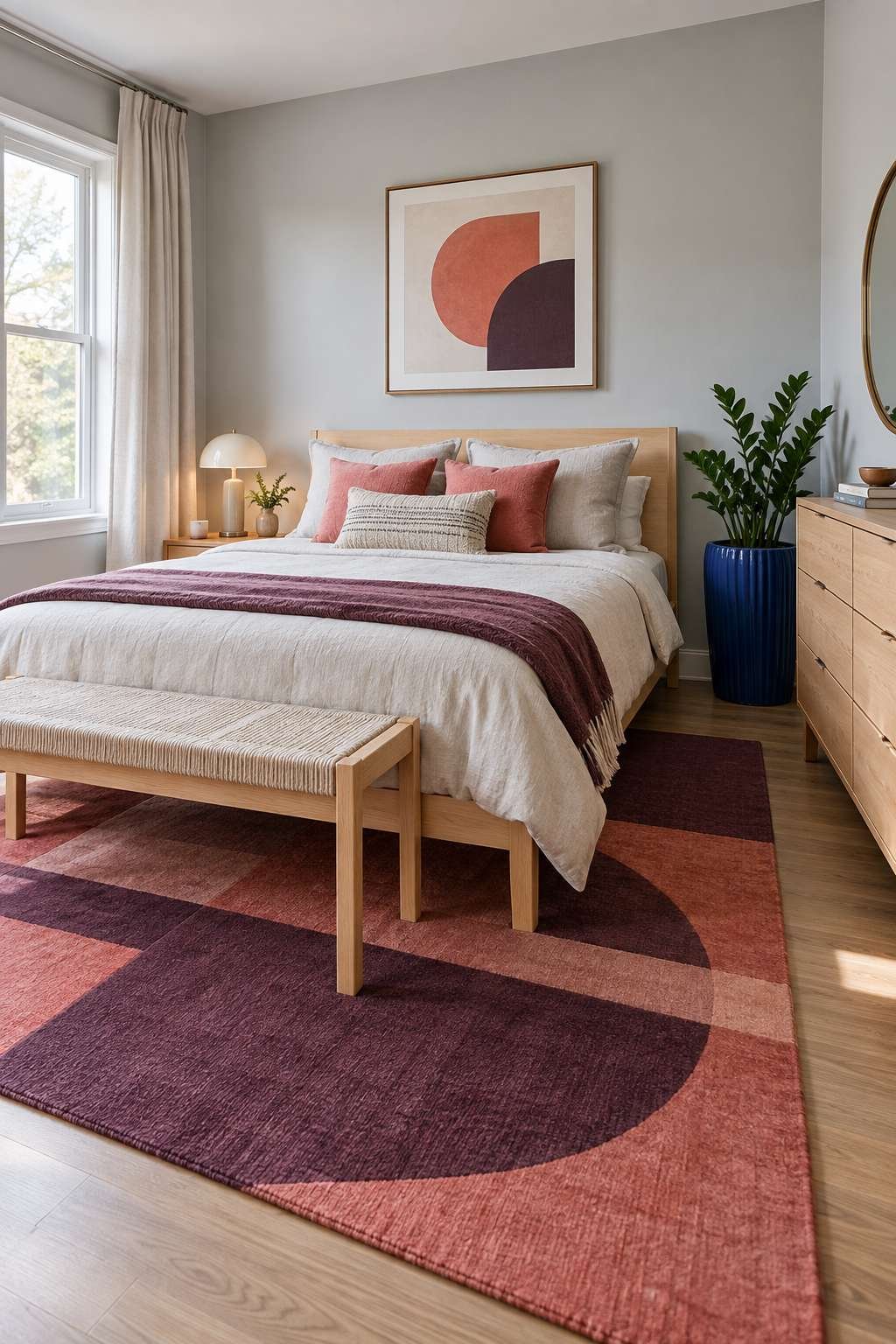 Bedroom furniture layout showing bed, dresser, and bench fitting comfortably