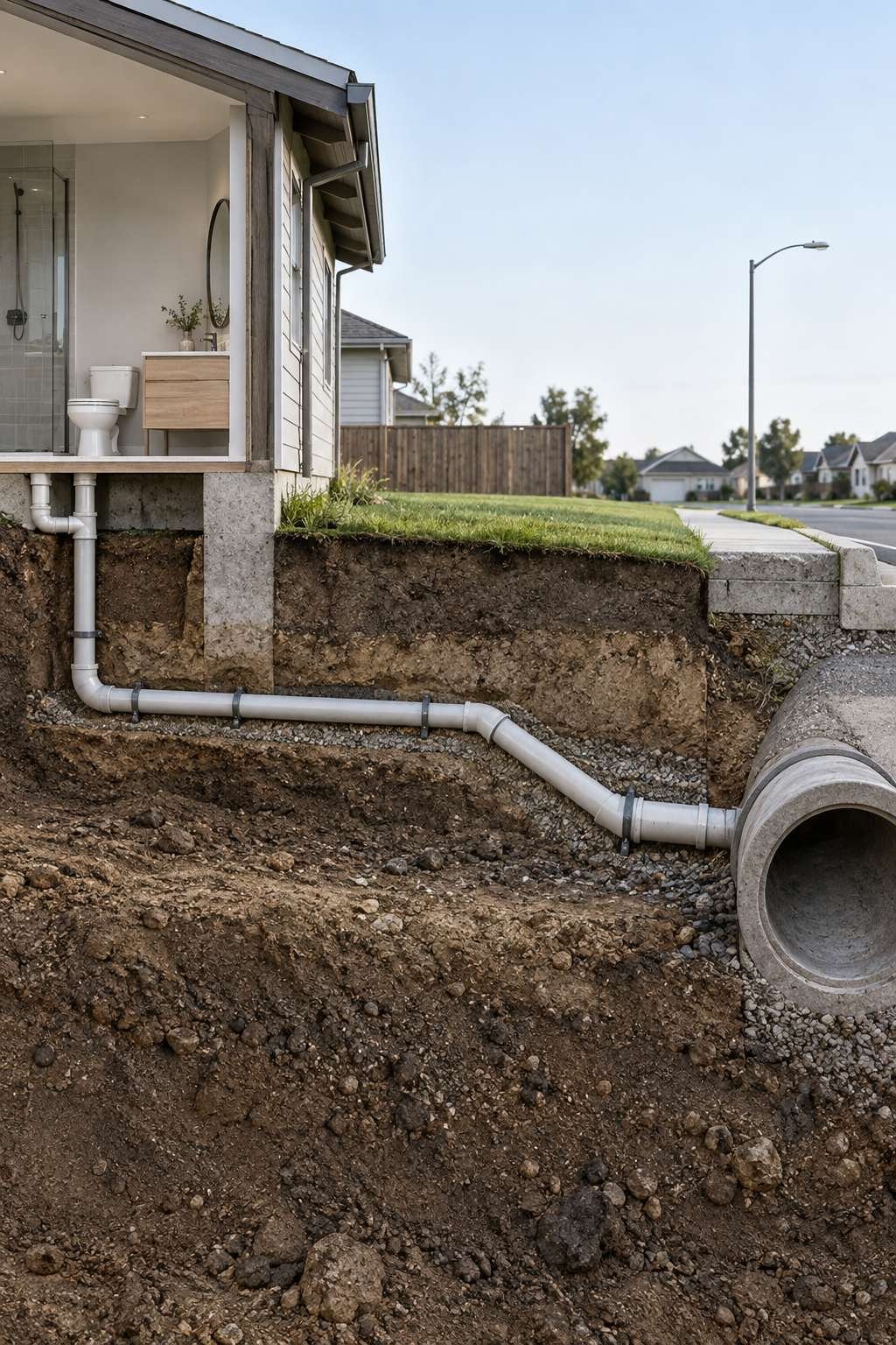 Underground sewer line connecting a home to the main system