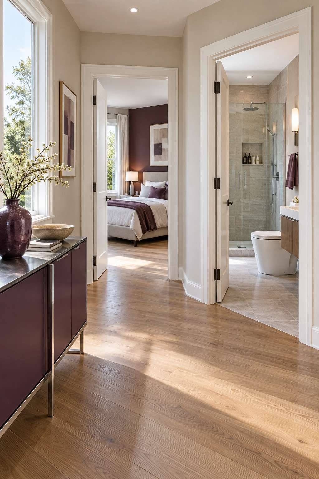 Hallway view showing easy access between a bedroom and 3/4 bathroom