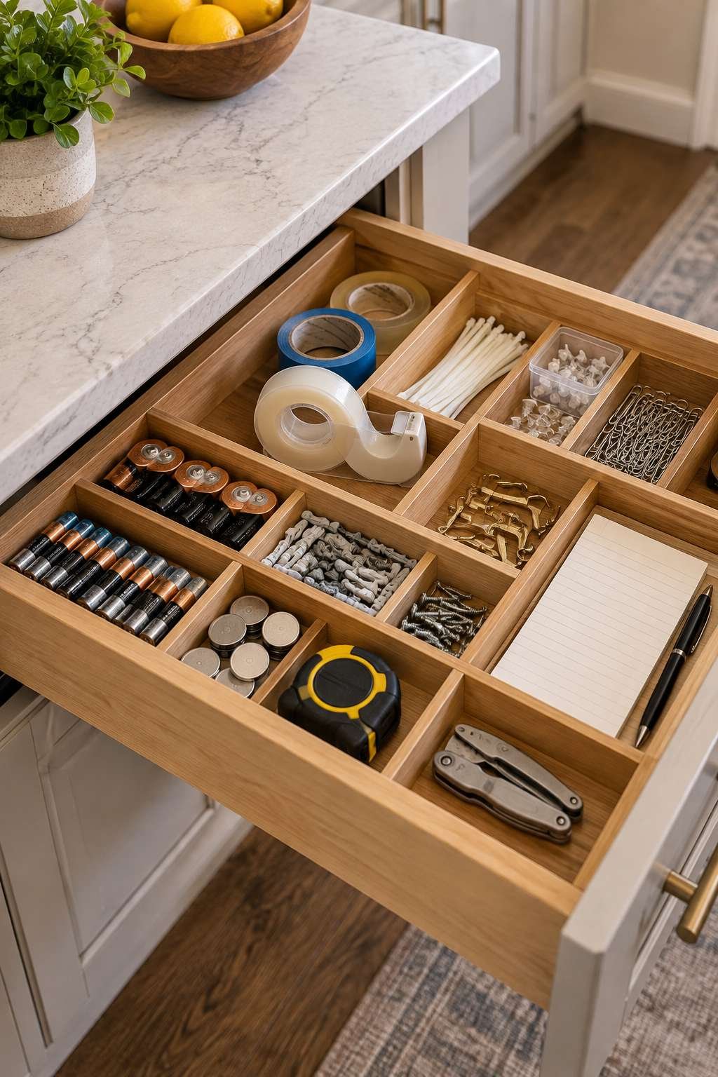 Divided junk drawer tray with batteries, tape, and hardware organized into zones
