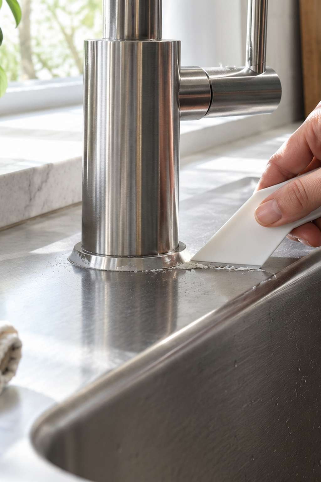 Sink deck being cleaned and prepped before new faucet installation