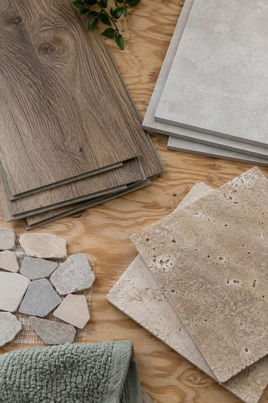 Vinyl plank, porcelain, and stone flooring samples for bathroom remodel cost comparison