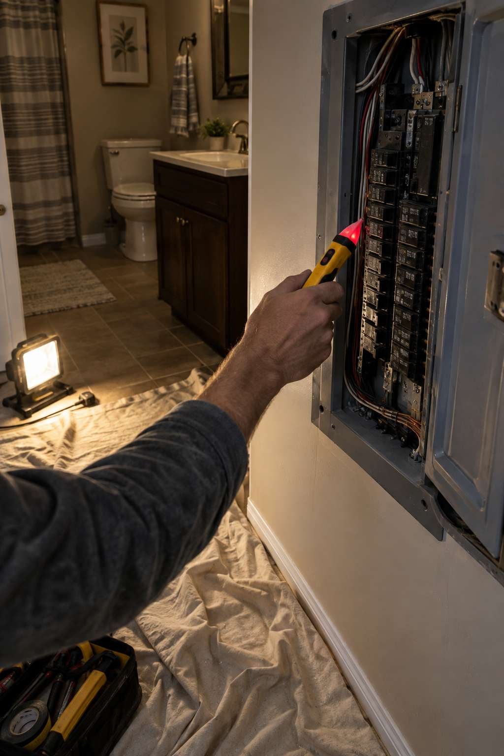 Testing bathroom circuit power with a voltage tester before fan installation