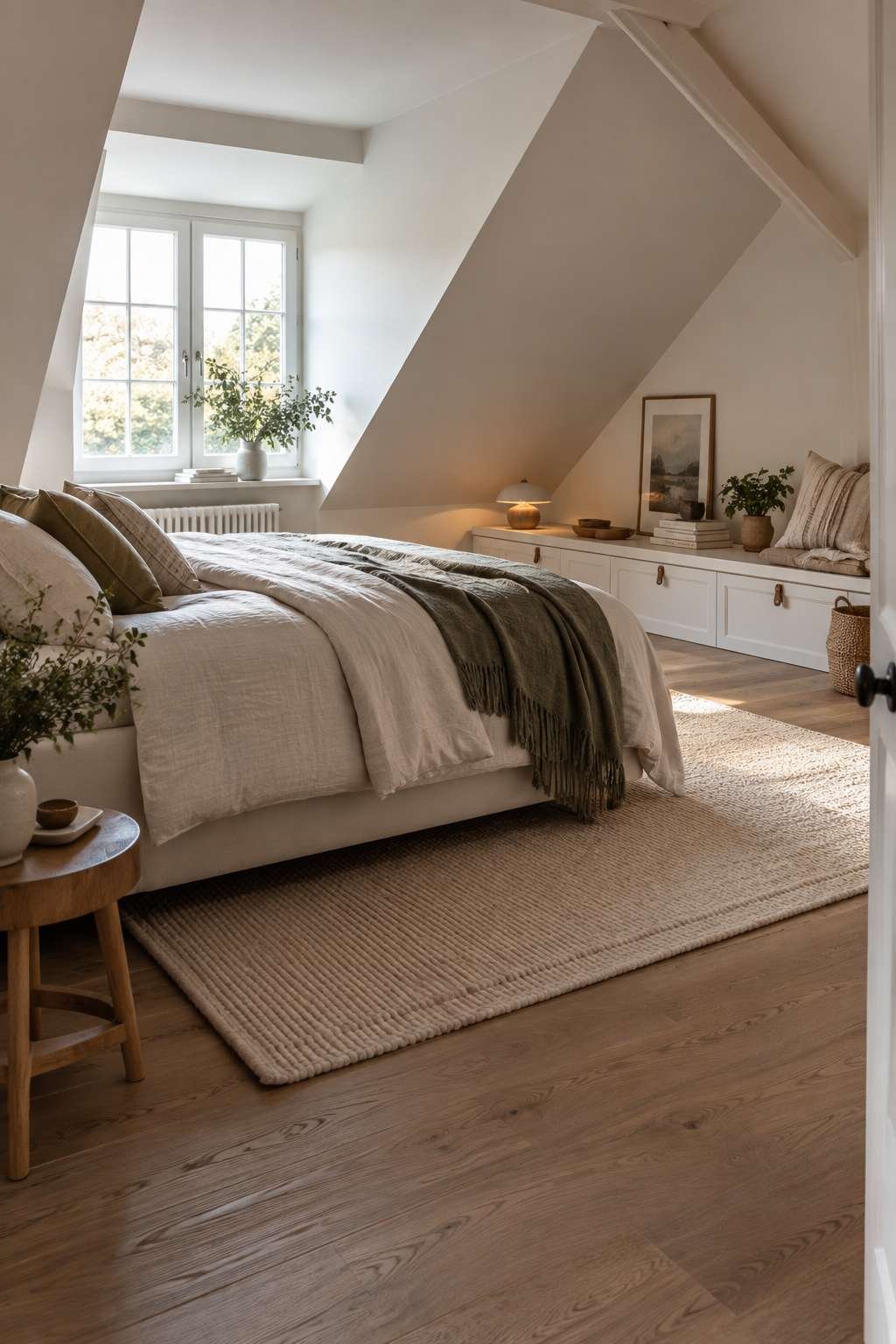 Bedroom with sloped ceiling using a bench for storage under the low area