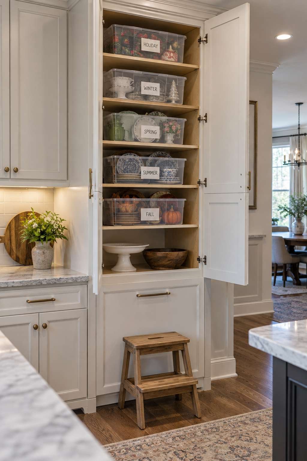 High kitchen cabinet with labeled bins for seasonal serveware and a step stool