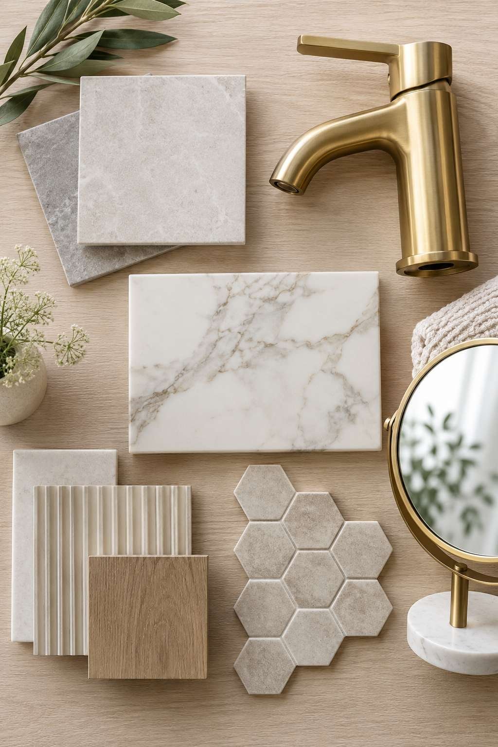 Flat-lay of bathroom remodel material samples including tile, countertop, and brushed gold faucet