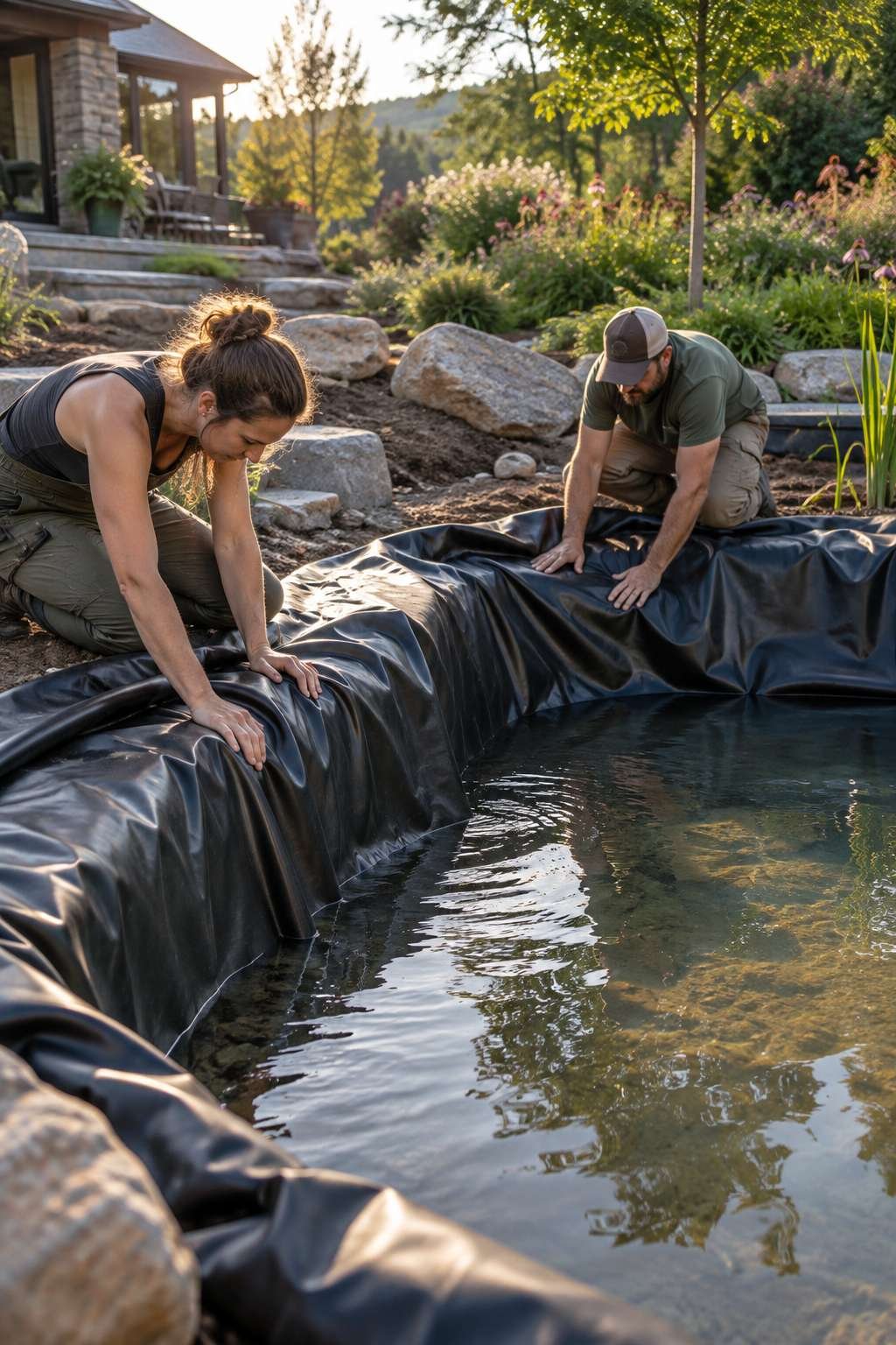 Workers smoothing and pleating a pond liner during installation