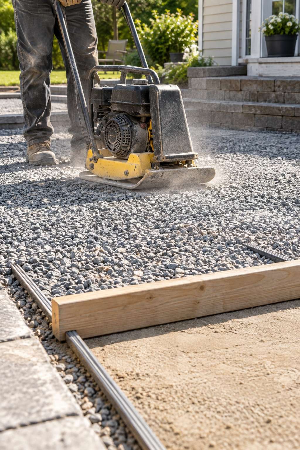 Plate compactor packing down a gravel base layer for a new patio foundation