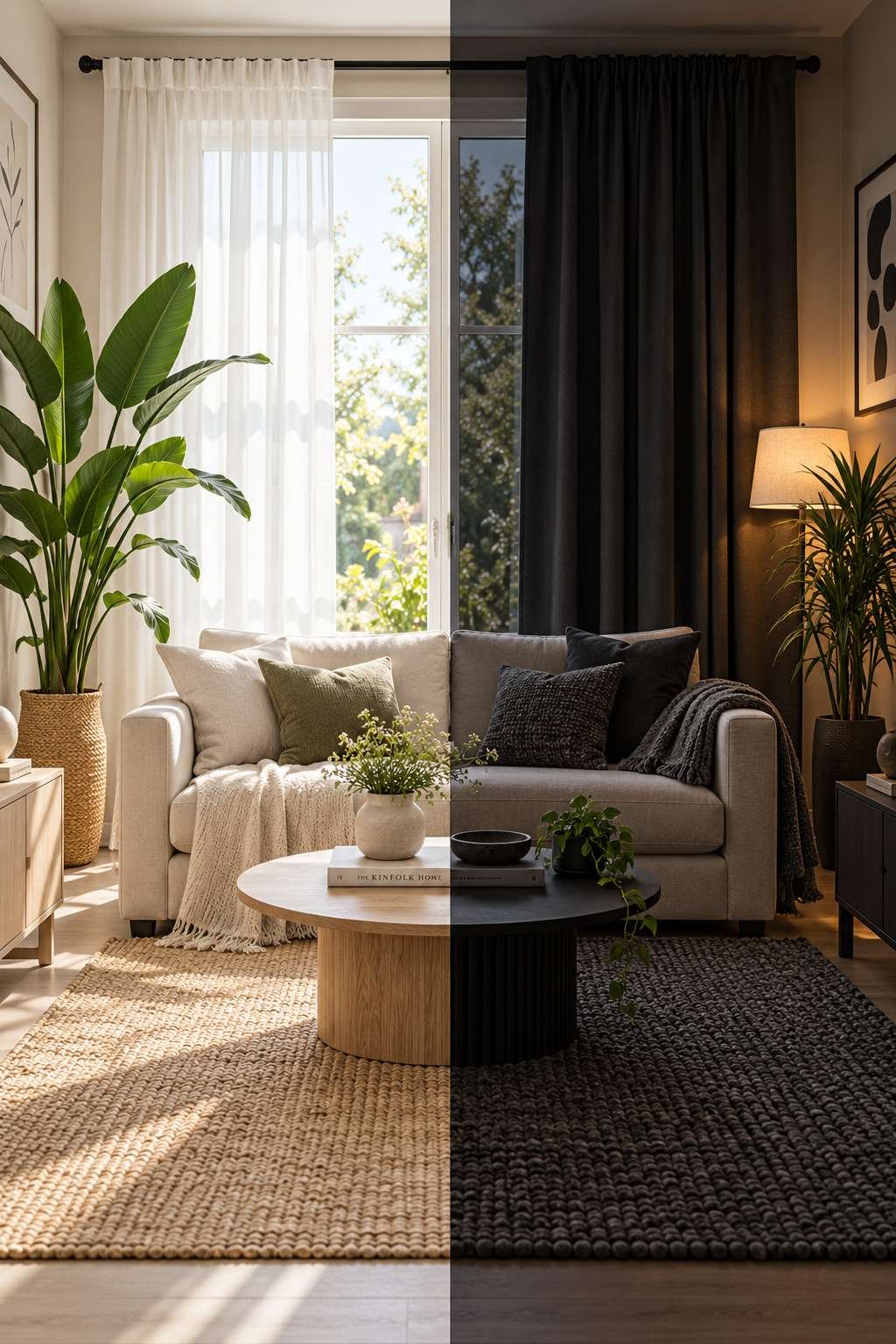 Sheer curtains versus blackout curtains compared in a living room