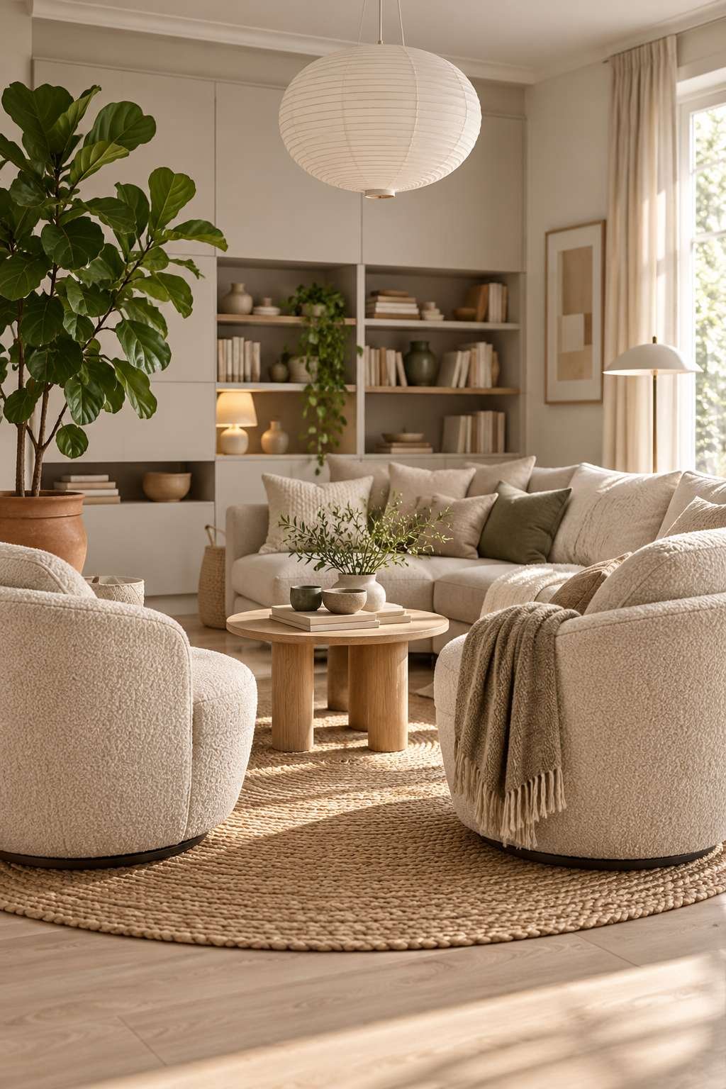 Round wooden coffee table and metal side table in a contemporary living room