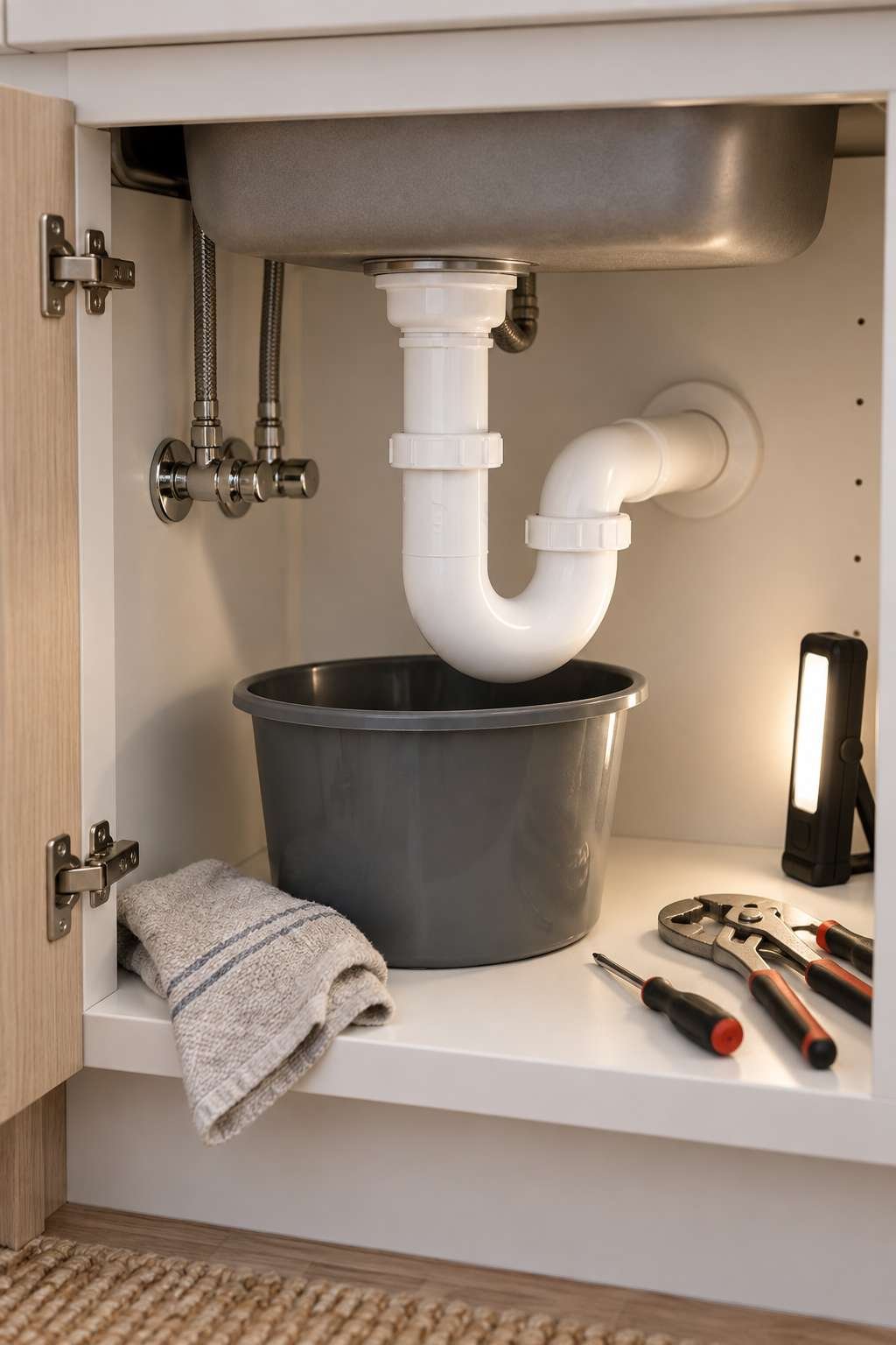 P-trap pipe beneath a kitchen sink being cleaned to fix a clogged drain