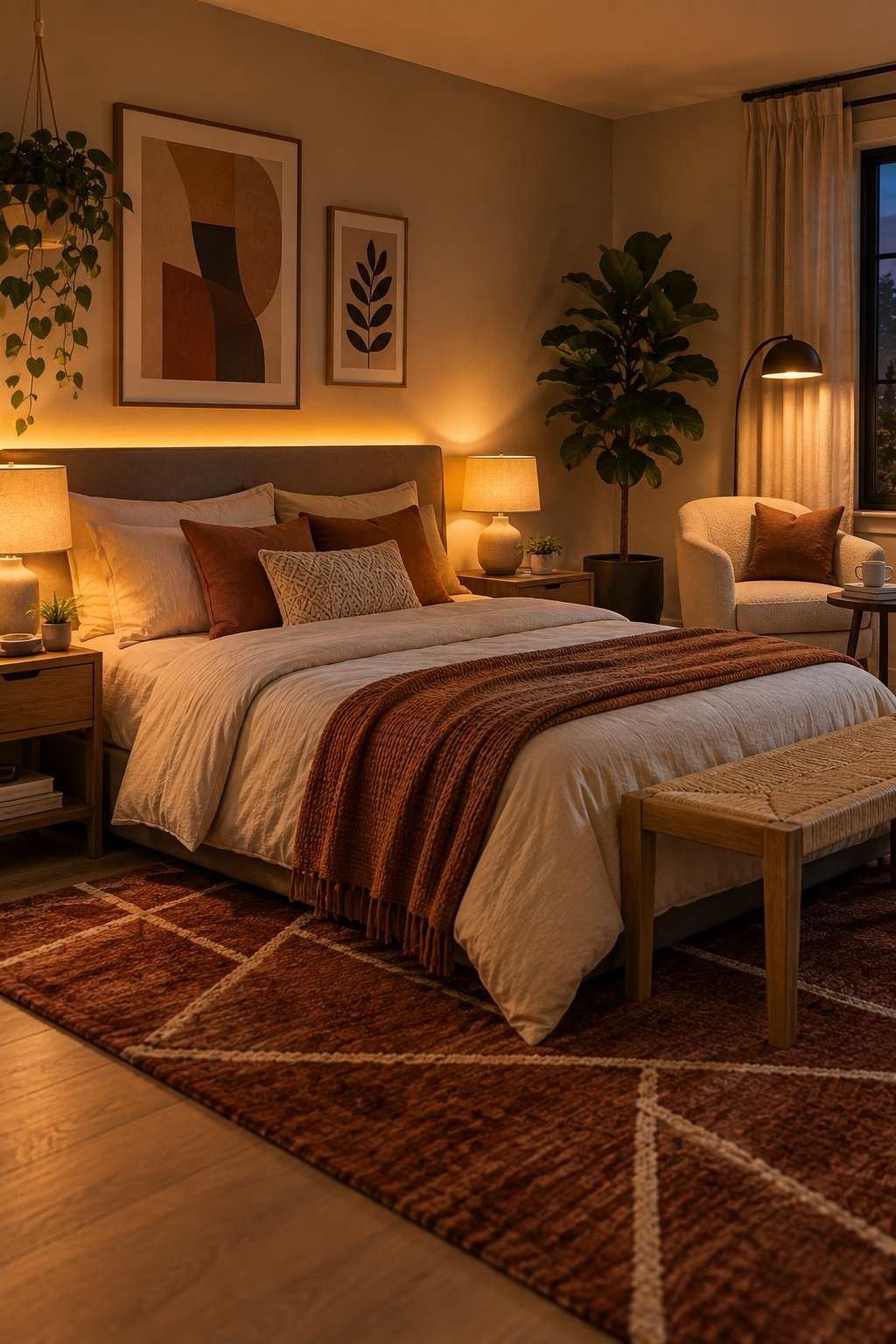 Layered bedroom lighting with lamps and warm ambient glow