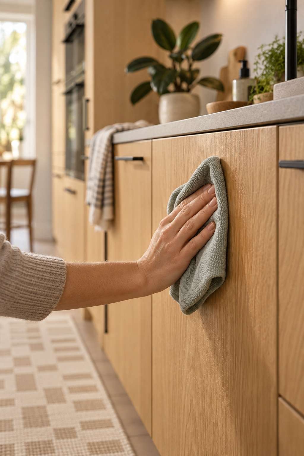 Wiping a wood kitchen cabinet door front along the grain with a cloth