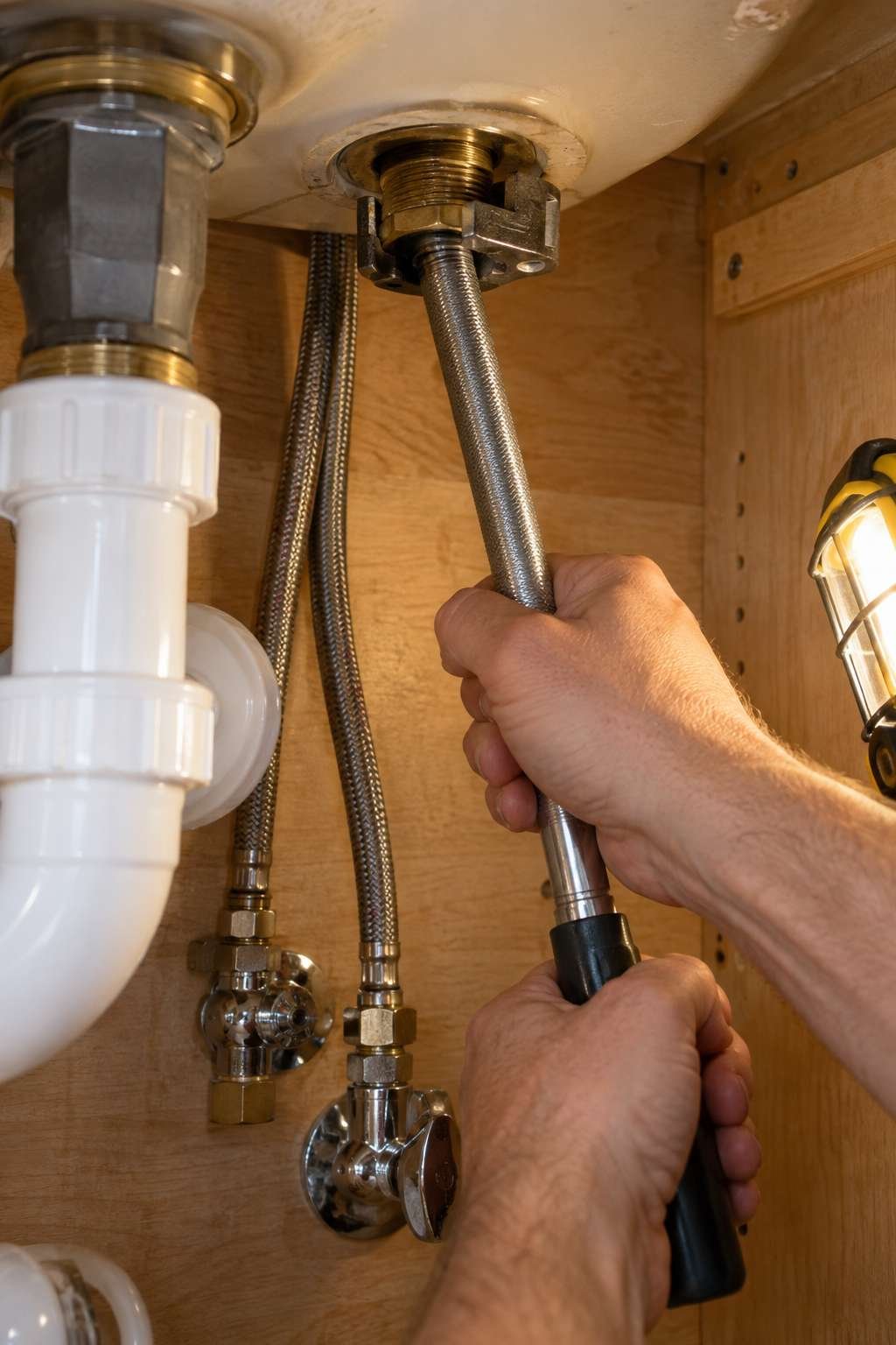 Using a basin wrench to remove an old bathroom faucet
