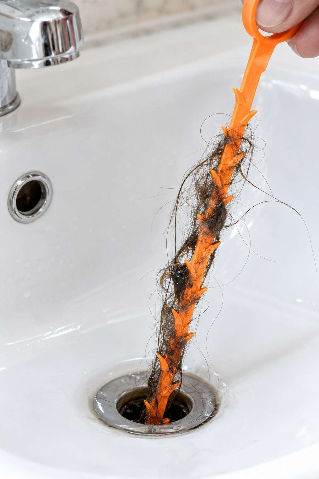Zip-it drain tool pulling hair buildup out of a bathroom sink