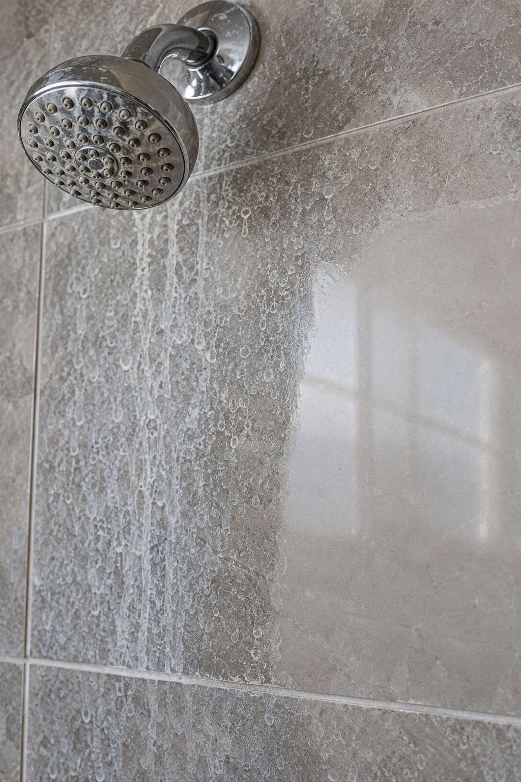 Hard water stains on bathroom tile near a showerhead