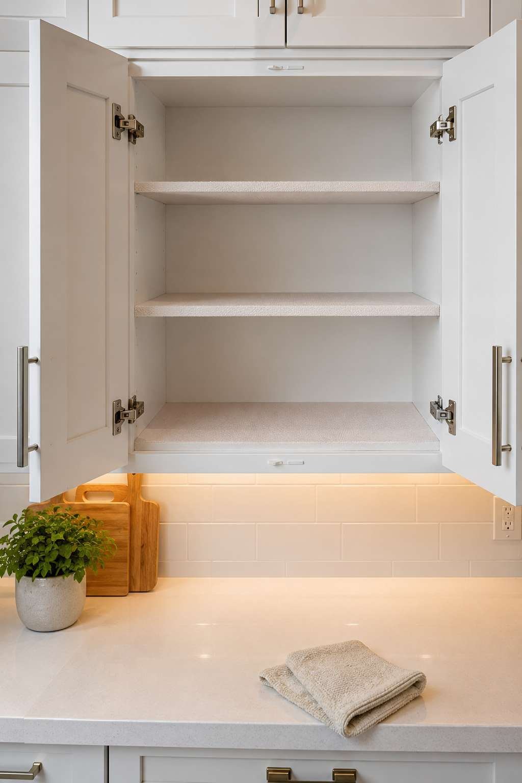Open kitchen cabinet with clean shelves and fresh liner installed
