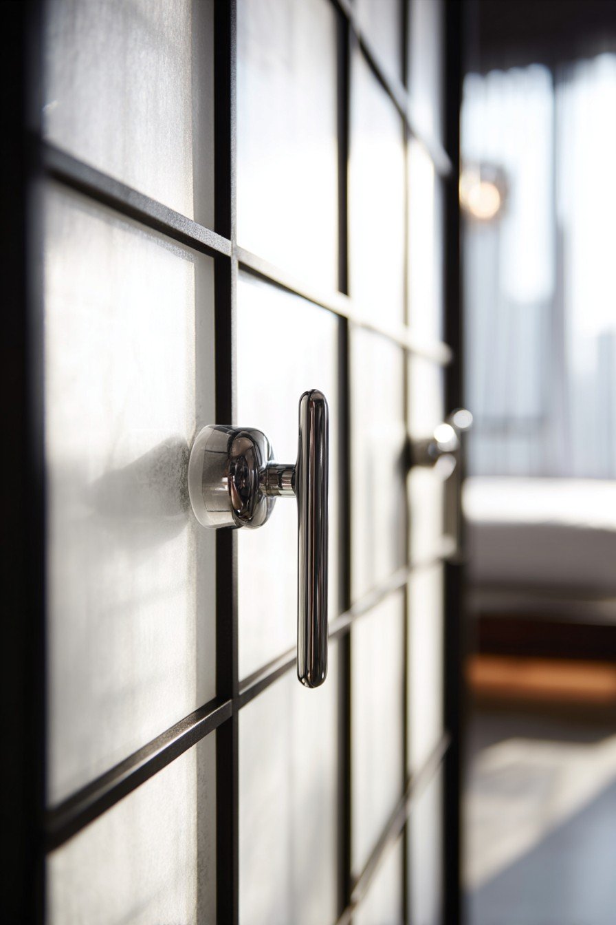 Frosted glass bedroom door in a black aluminum frame with chrome handle facing a bright hallway