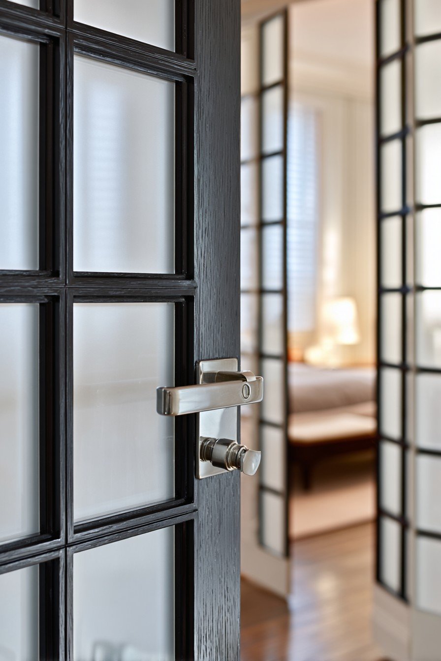 Frosted glass bedroom door in a black aluminum frame with chrome handle facing a bright hallway
