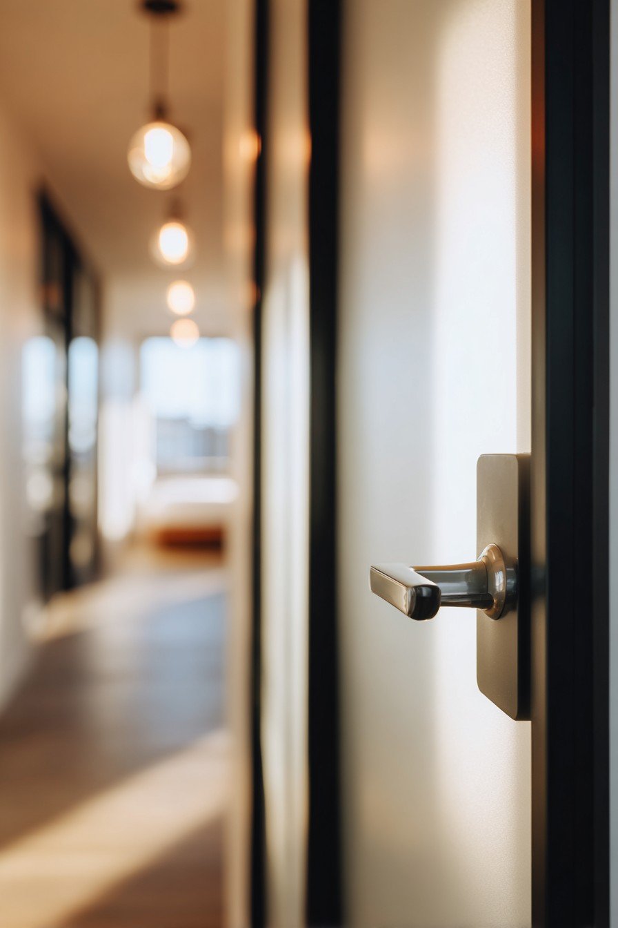 Frosted glass bedroom door in a black aluminum frame with chrome handle facing a bright hallway