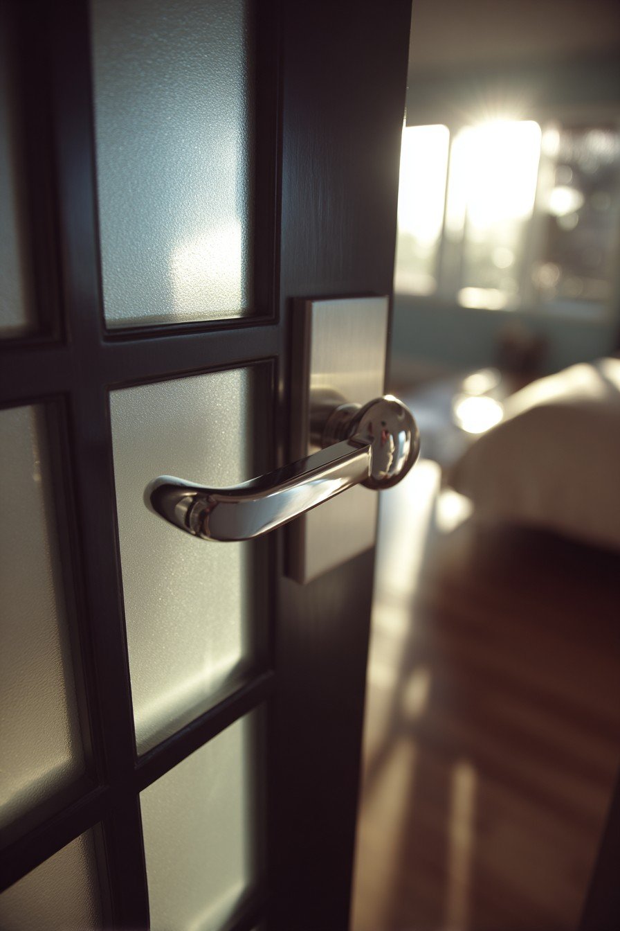 Frosted glass bedroom door in a black aluminum frame with chrome handle facing a bright hallway