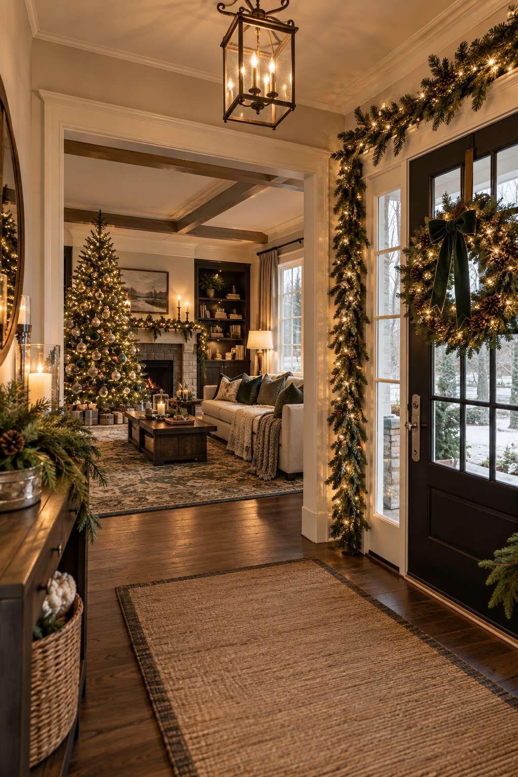 Living room and entryway decorated with a matching palette