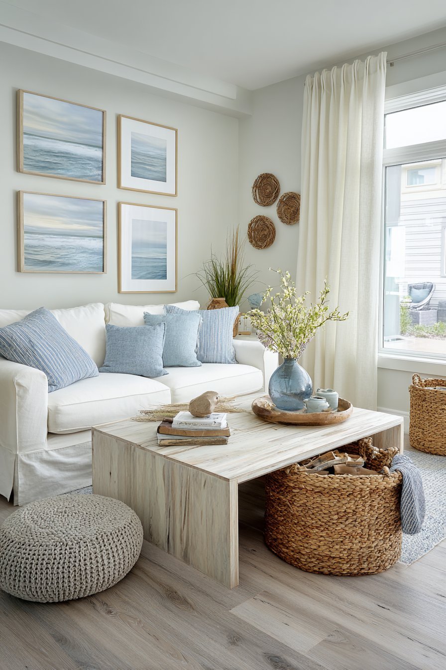 Coastal living room with driftwood wall pieces, nautical mirrors, seascape watercolors and white slipcovered sofa