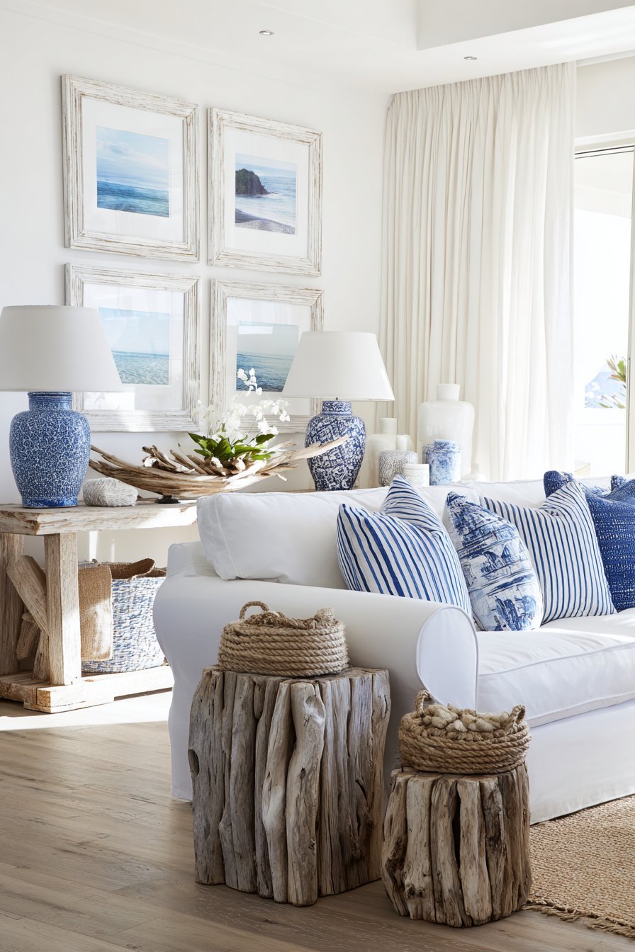 Coastal living room with driftwood wall pieces, nautical mirrors, seascape watercolors and white slipcovered sofa