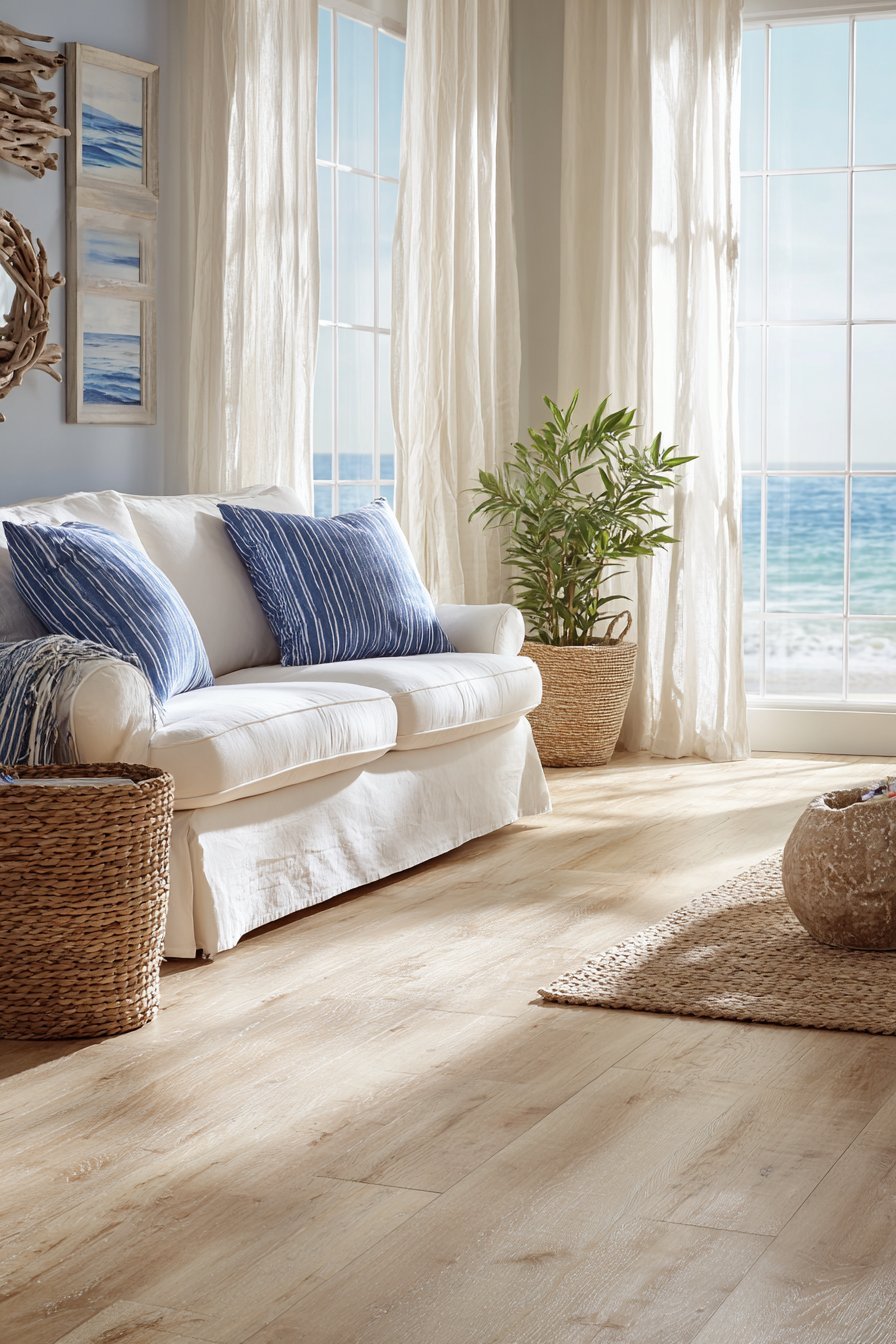 Coastal living room with driftwood wall pieces, nautical mirrors, seascape watercolors and white slipcovered sofa