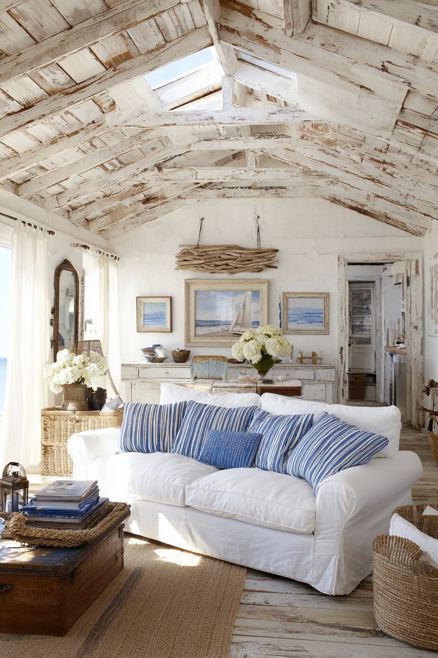 Coastal living room with driftwood wall pieces, nautical mirrors, seascape watercolors and white slipcovered sofa