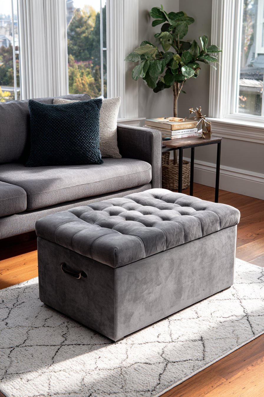 Tufted grey velvet storage ottoman coffee table on a geometric wool rug beside a sofa with seat drawers