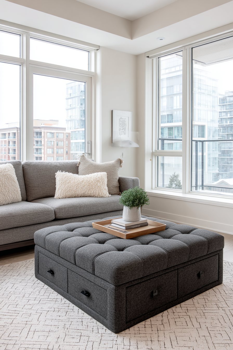 Tufted grey velvet storage ottoman coffee table on a geometric wool rug beside a sofa with seat drawers