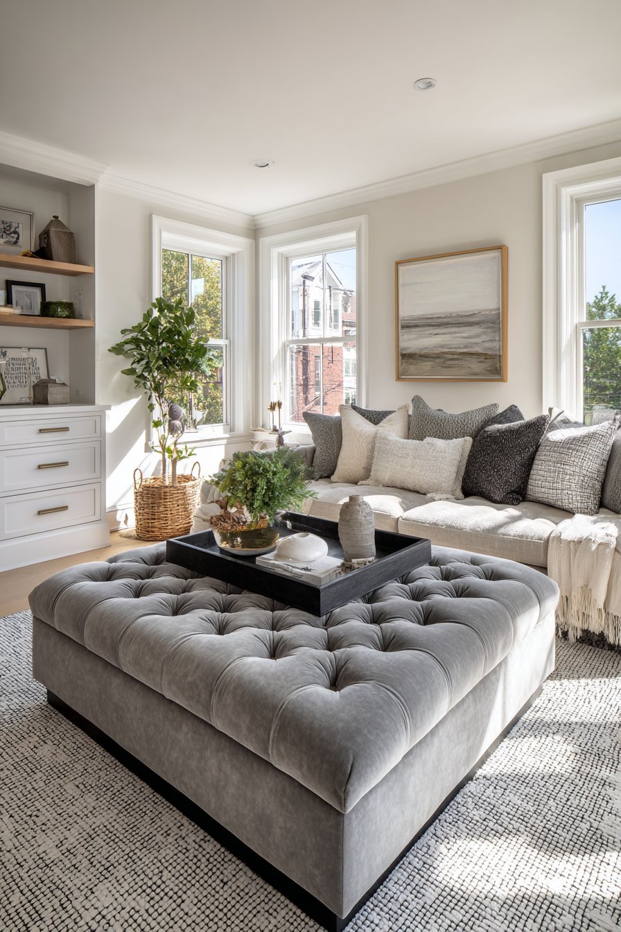 Tufted grey velvet storage ottoman coffee table on a geometric wool rug beside a sofa with seat drawers