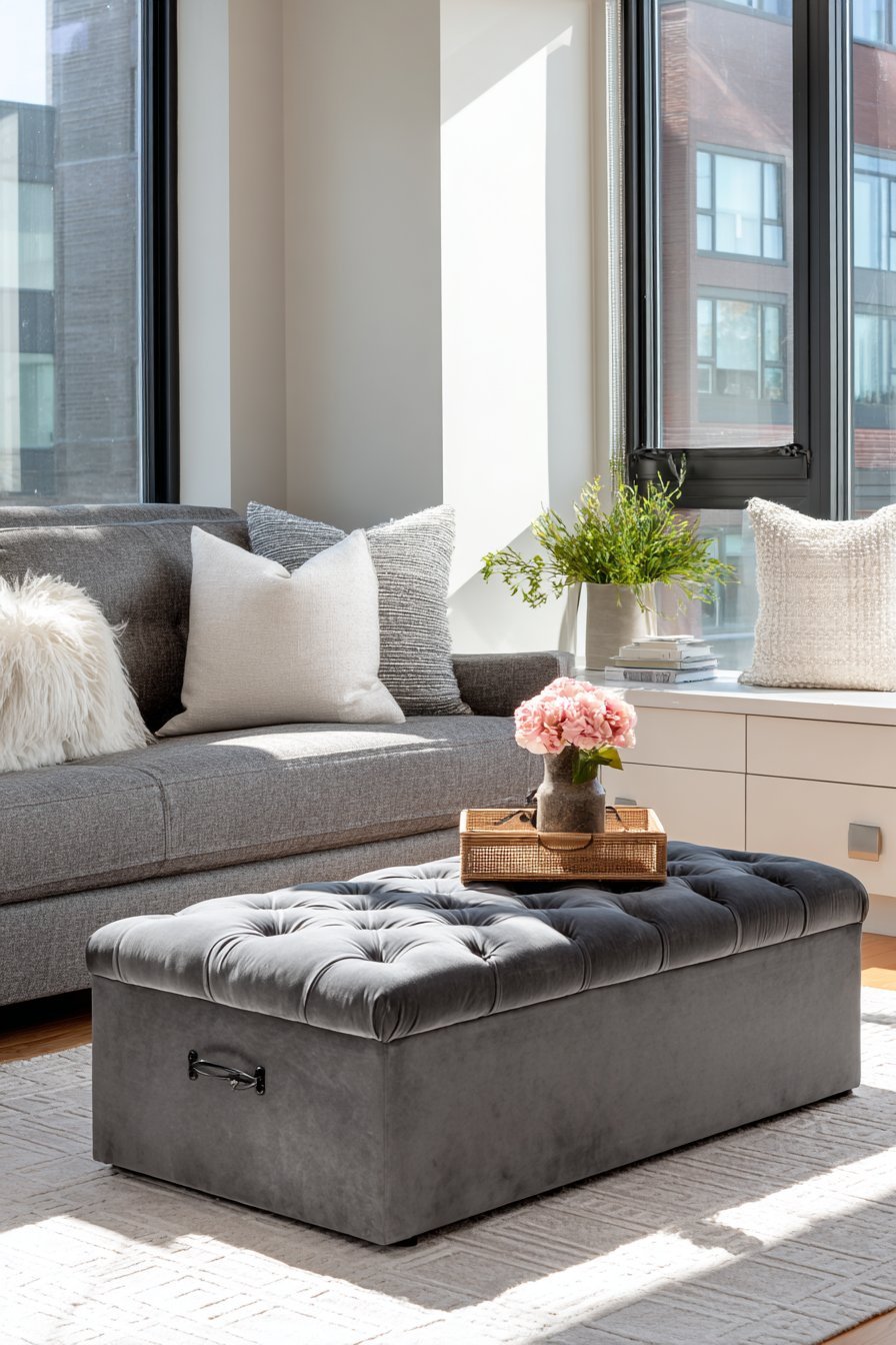 Tufted grey velvet storage ottoman coffee table on a geometric wool rug beside a sofa with seat drawers