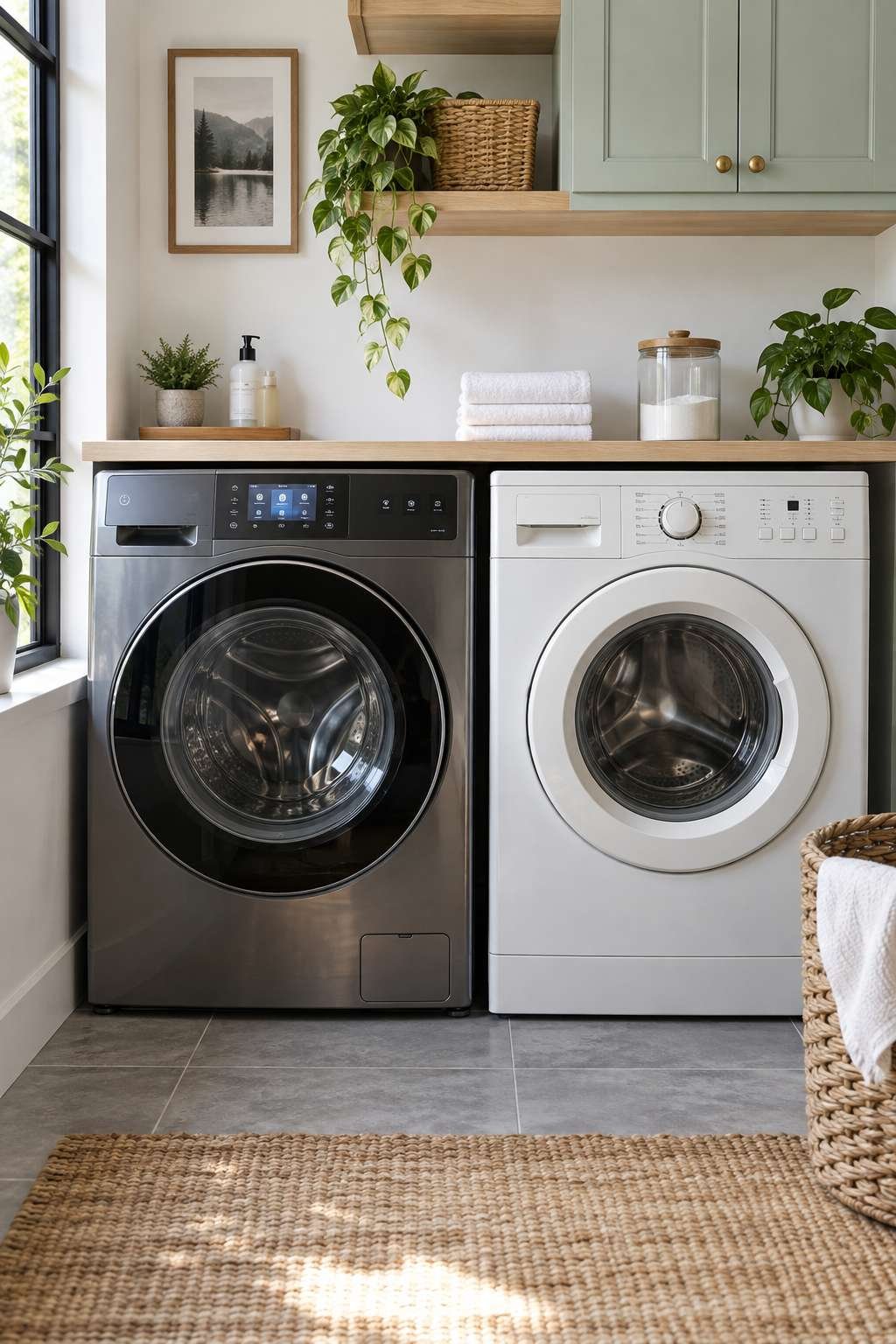 Smart touchscreen washing machine beside a traditional dial-controlled washer