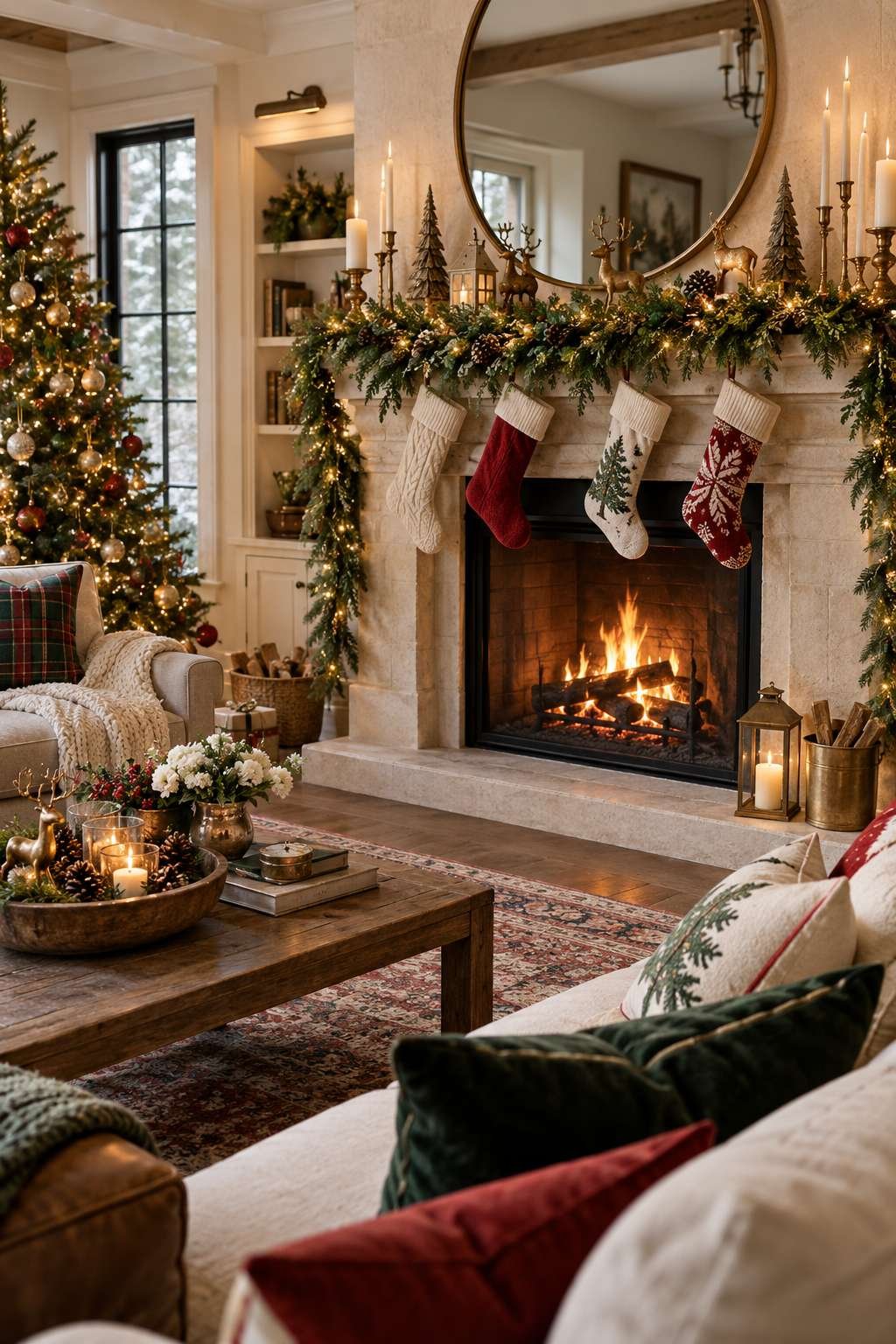 Decorated fireplace mantel with garland and stockings