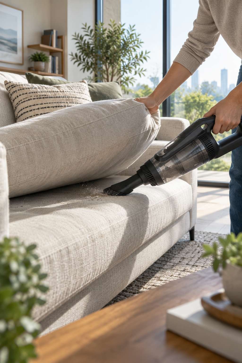 Vacuuming under sofa cushions during a living room deep clean
