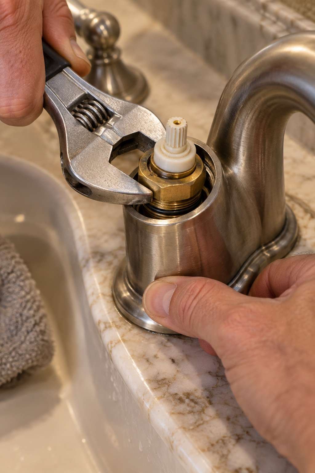 Replacing a worn faucet cartridge during a drip repair
