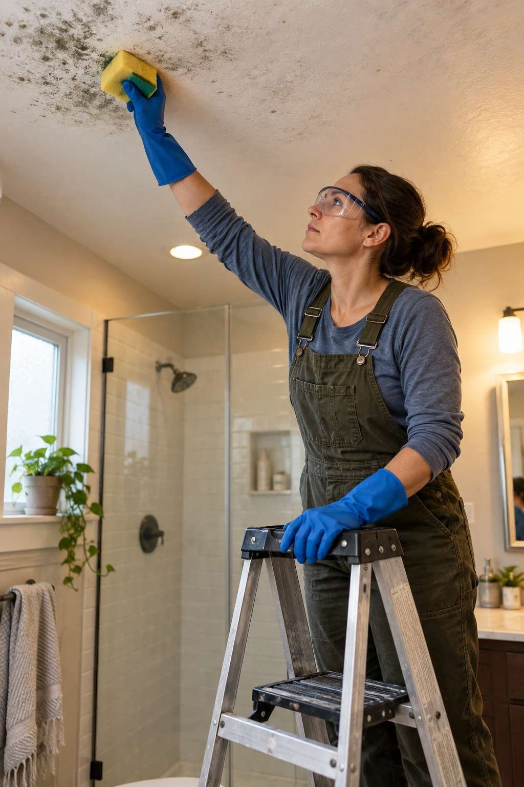 Cleaning mold from a bathroom ceiling using a step ladder