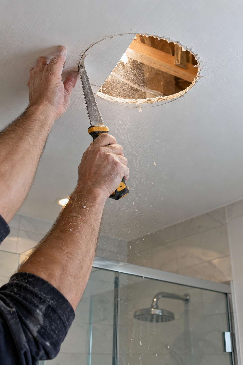 Cutting a ceiling opening for a new bathroom fan