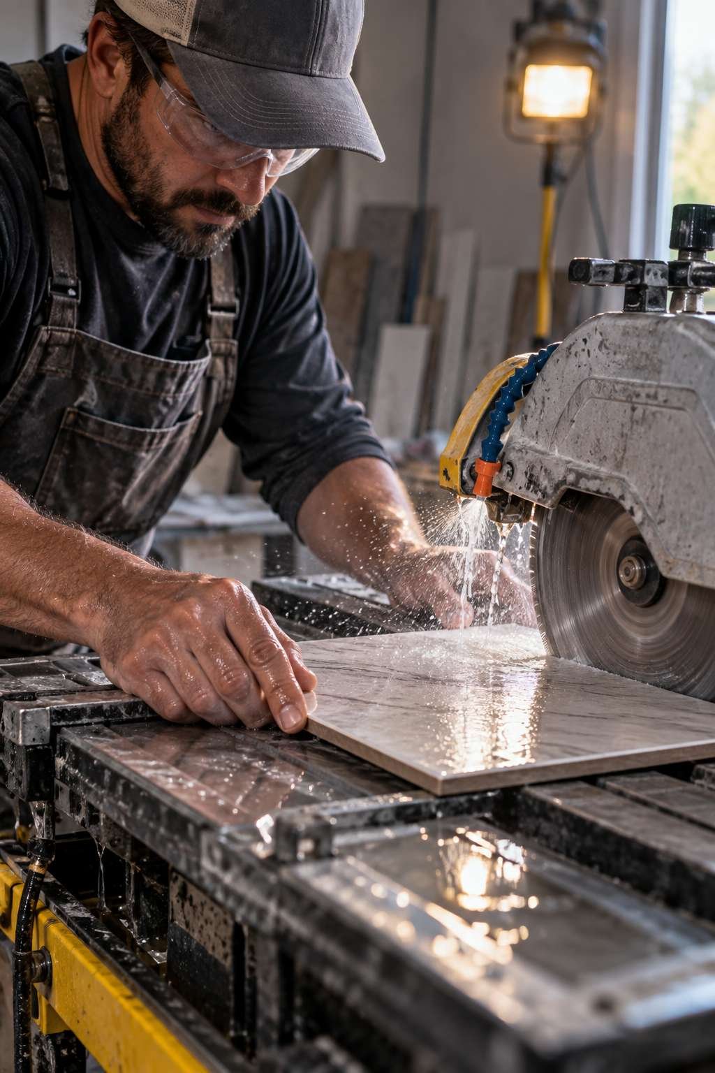 Cutting tile with a wet saw for a bathroom installation