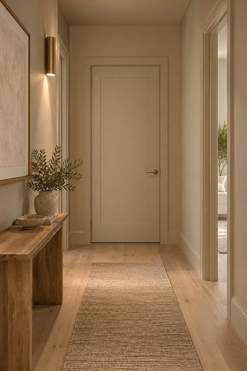 Hallway with door and trim painted the same color as the walls