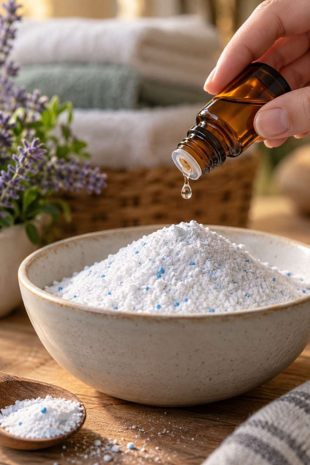 Adding essential oil drops to homemade detergent