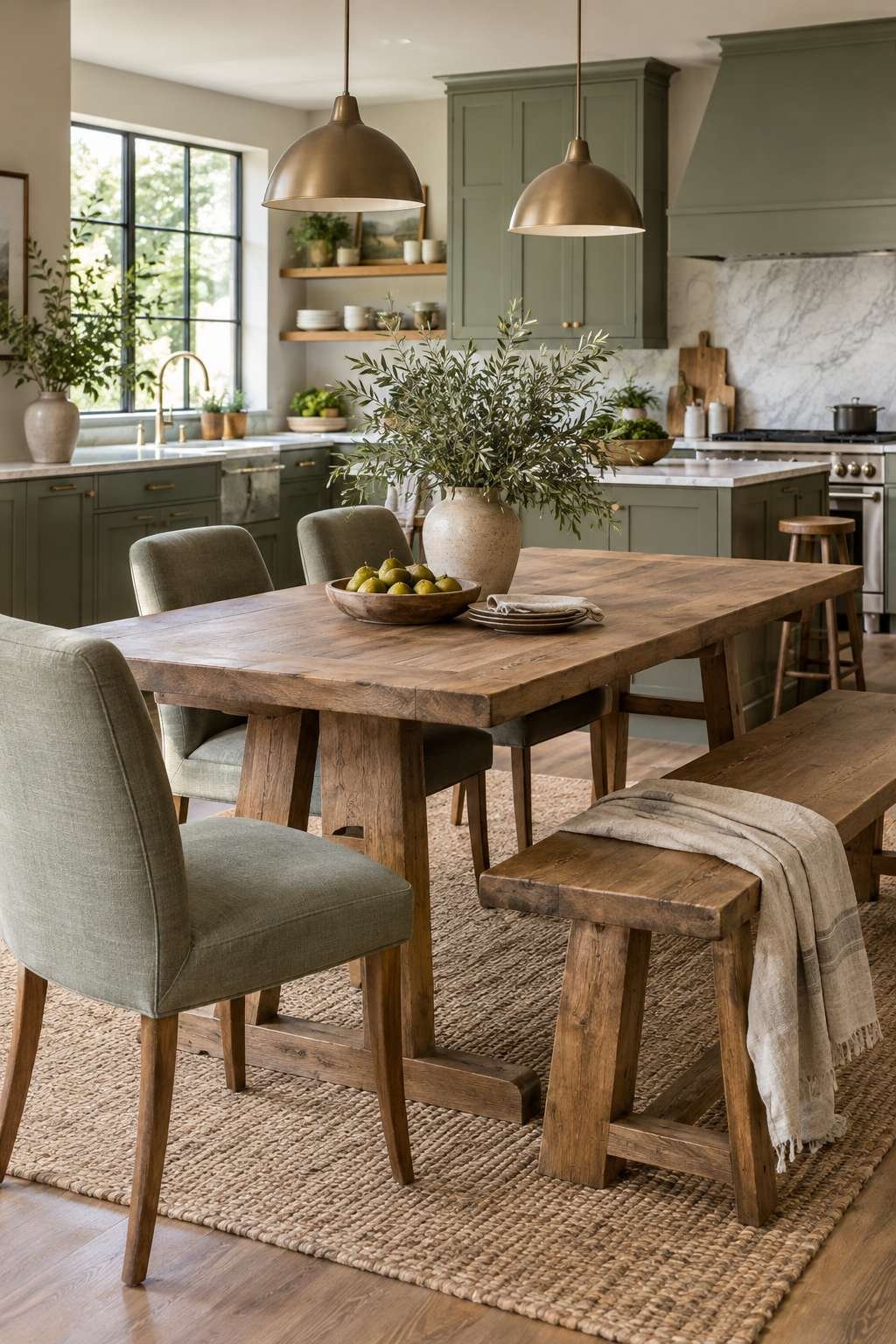Mixed chairs and bench seating helping bridge a kitchen table's style