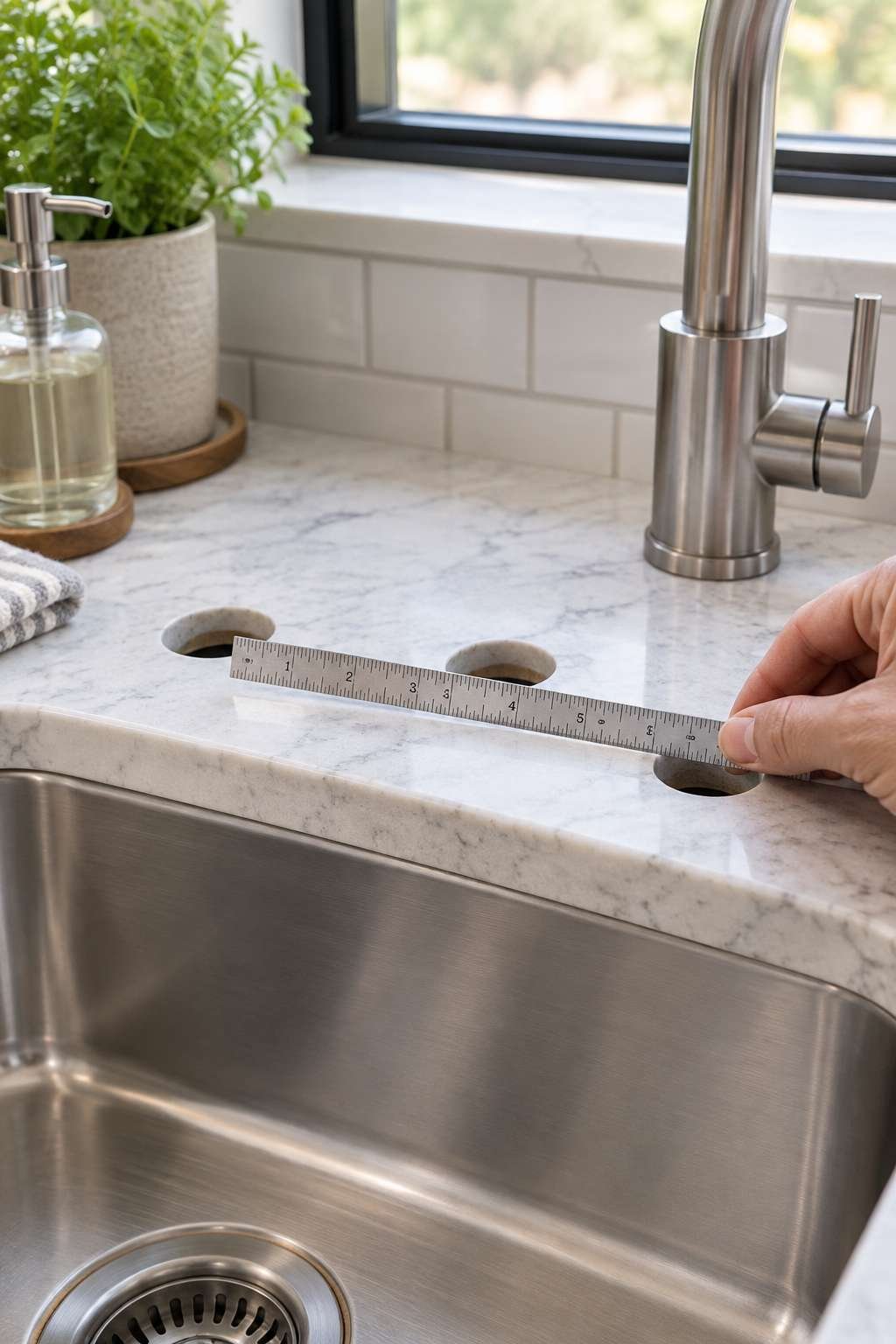 Measuring faucet hole spacing on a kitchen sink deck