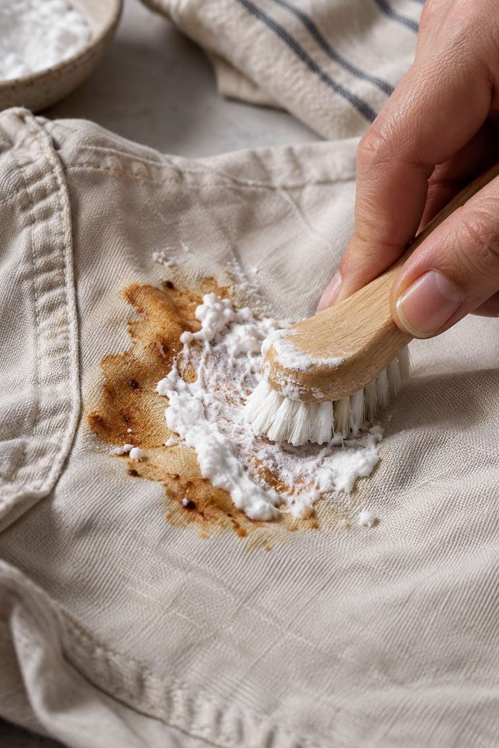 Applying baking soda paste to a grease stain