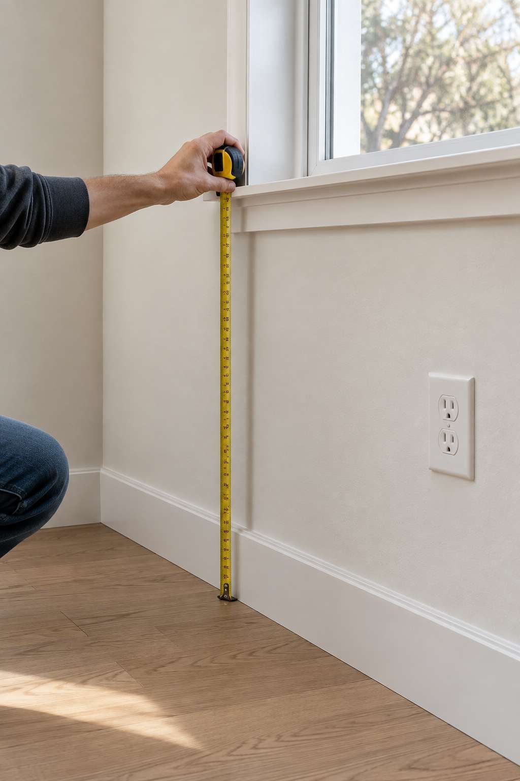 Measuring window height and outlet placement along a bare wall
