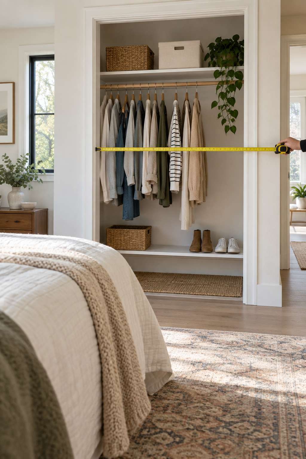 Tape measure extended across a closet alcove inside a bedroom
