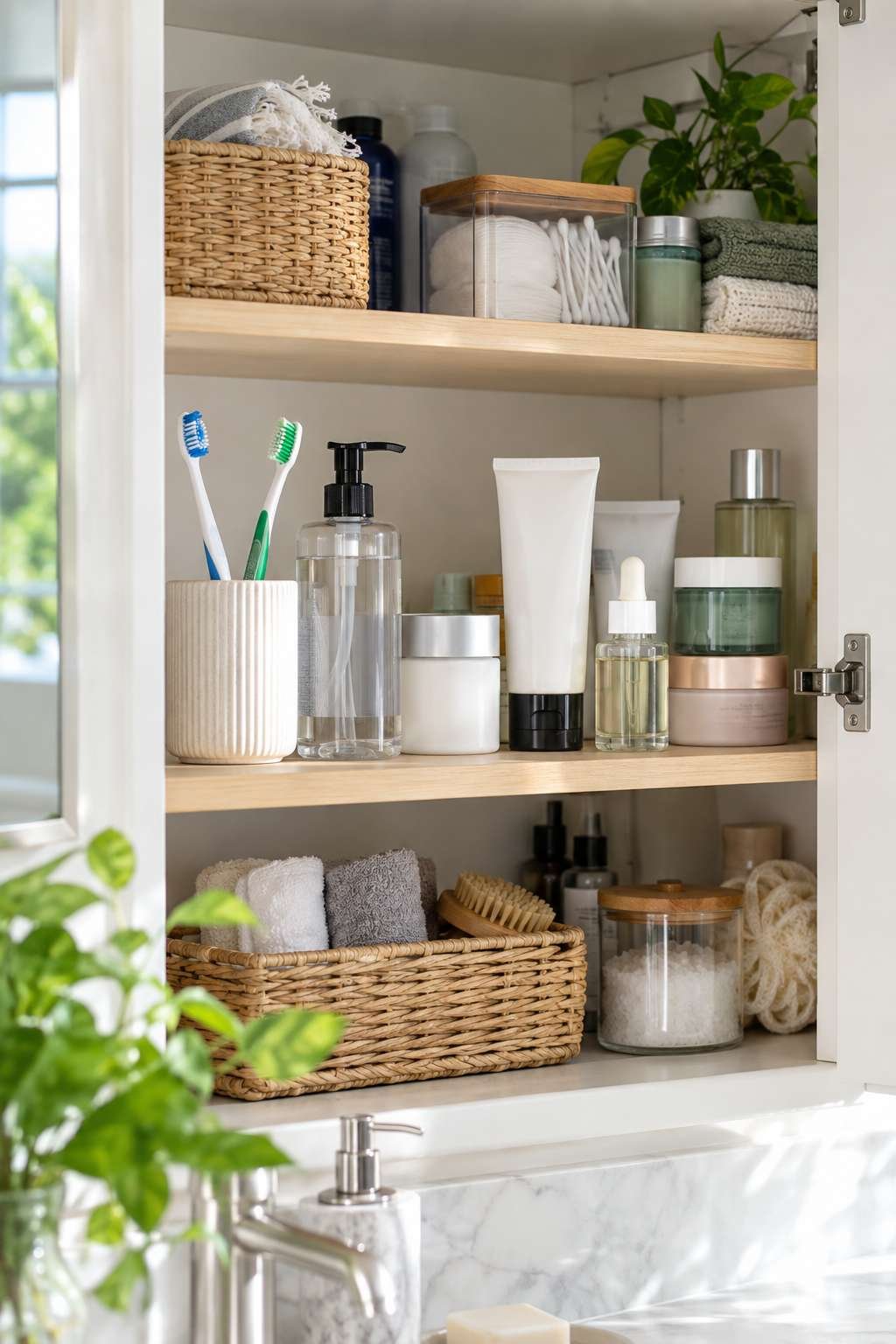 Bathroom cabinet organized by daily use items placed at eye level